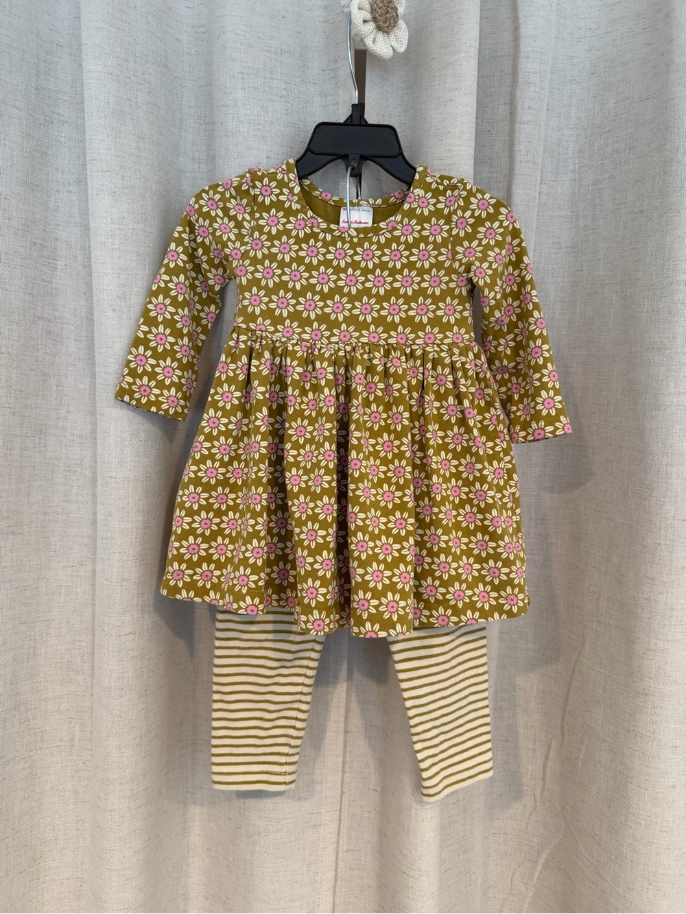 Hanna Andersson Olive Green Daisy Print Skater Dress with Striped Leggings 18-24